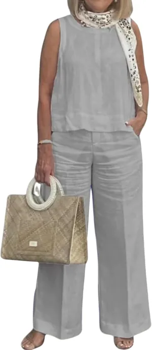 2 Piece Outfits for Women Summer Cotton Linen Sets Sleeveless Tank Tops and Wide Leg Pants Lounge Sets with Pockets