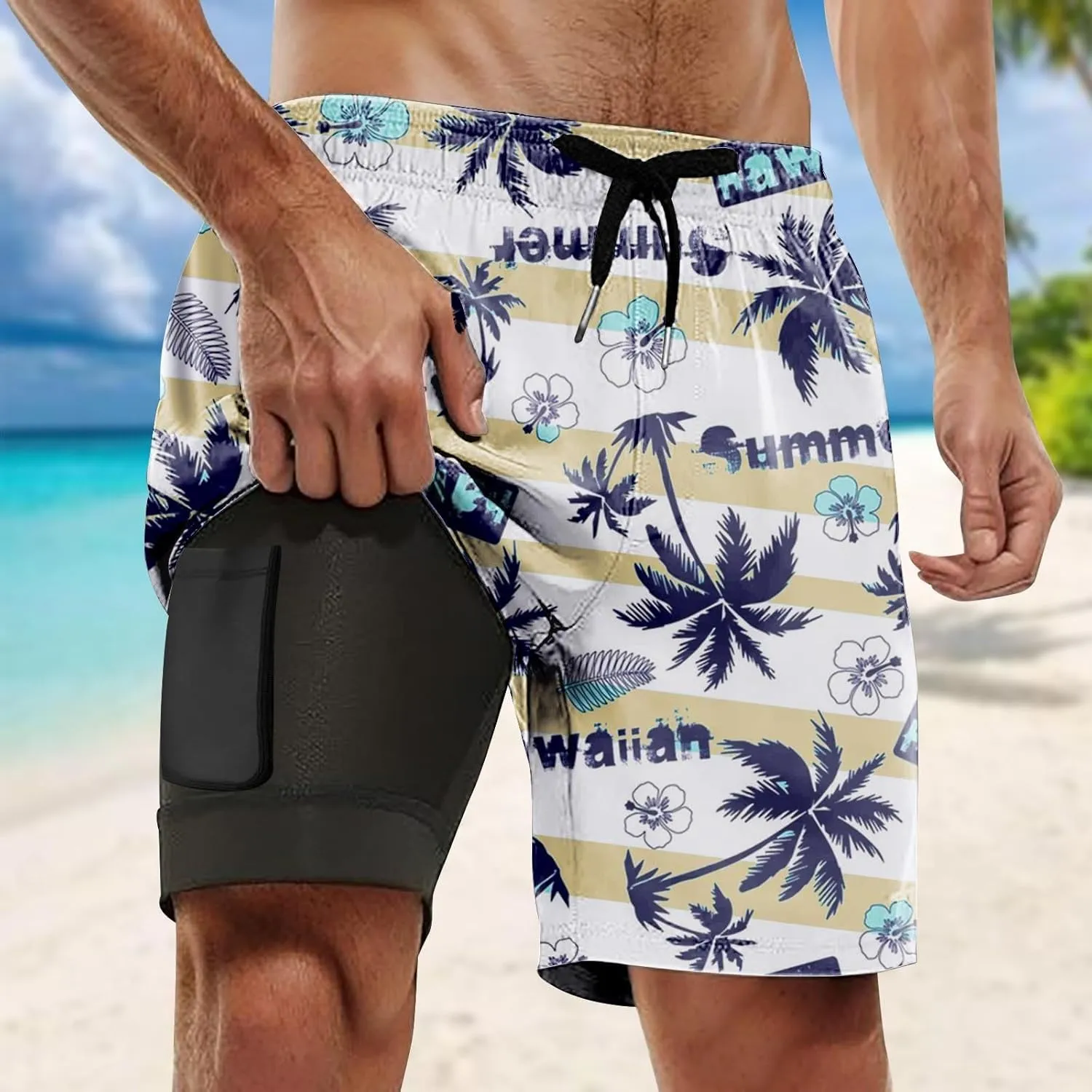 2025 Mens Swim Trunks Quick Dry Bathing Suits with Compression Liner Summer Beach Swimsuits Shorts with Pockets