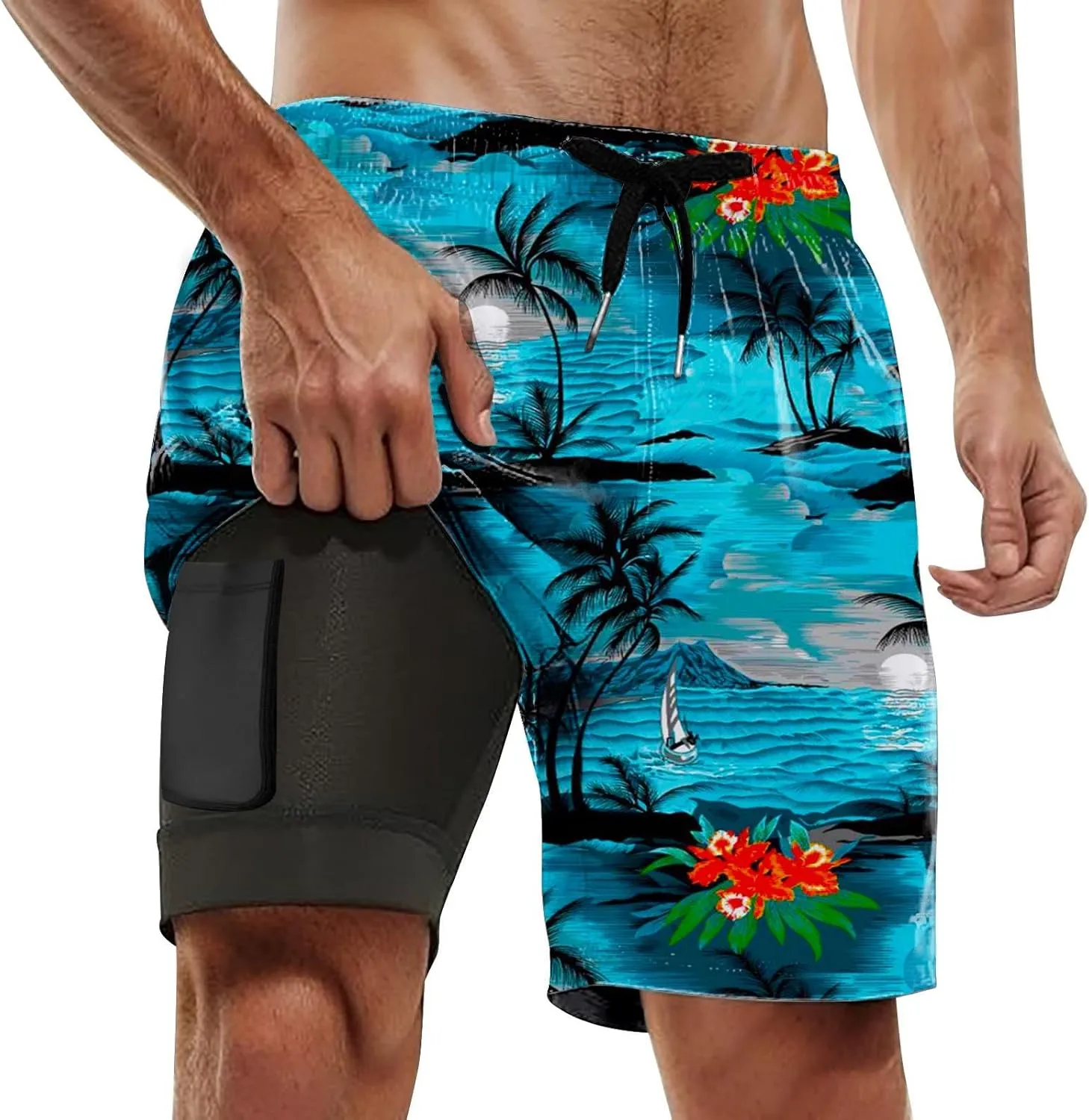 2025 Mens Swim Trunks Quick Dry Bathing Suits with Compression Liner Summer Beach Swimsuits Shorts with Pockets