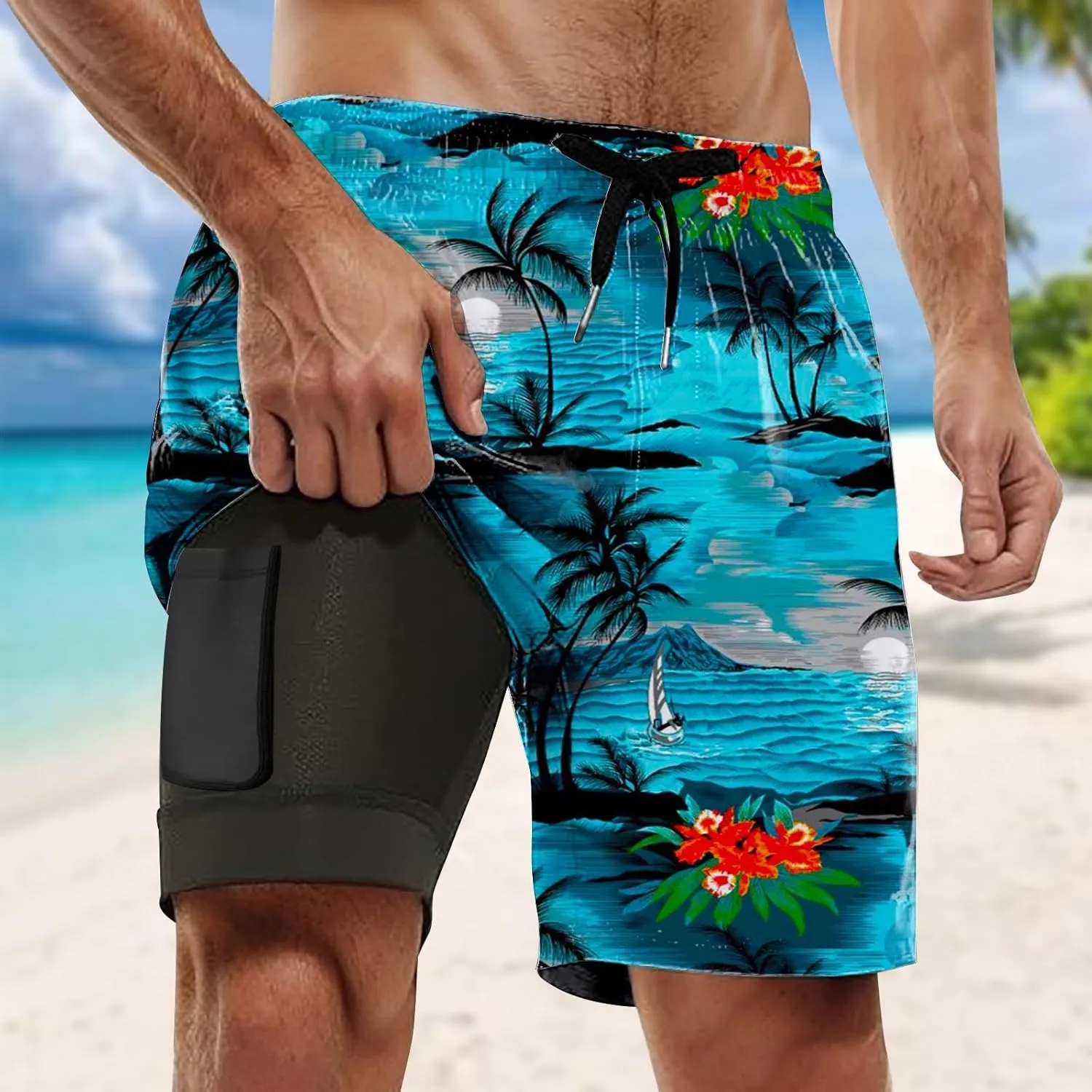 2025 Mens Swim Trunks Quick Dry Bathing Suits with Compression Liner Summer Beach Swimsuits Shorts with Pockets