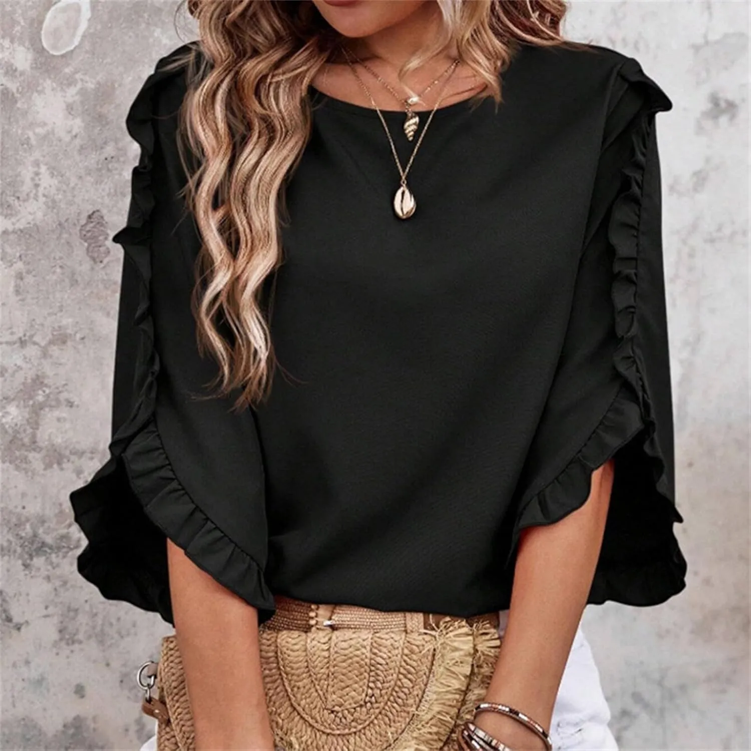 2025 Ruffle Bat Sleeve T Shirt for Women Boat Neck Tops Loose Dressy Casual Shirts Spring Summer Blouses Tees