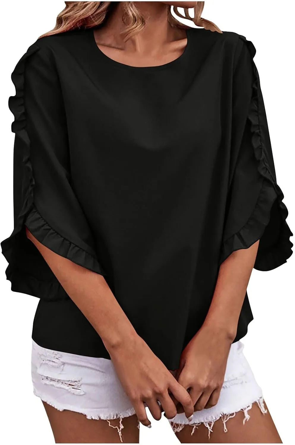 2025 Ruffle Bat Sleeve T Shirt for Women Boat Neck Tops Loose Dressy Casual Shirts Spring Summer Blouses Tees
