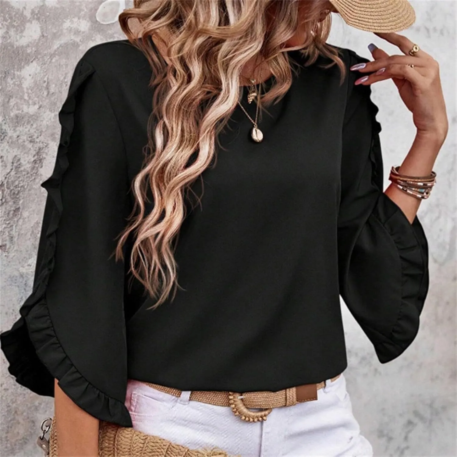 2025 Ruffle Bat Sleeve T Shirt for Women Boat Neck Tops Loose Dressy Casual Shirts Spring Summer Blouses Tees