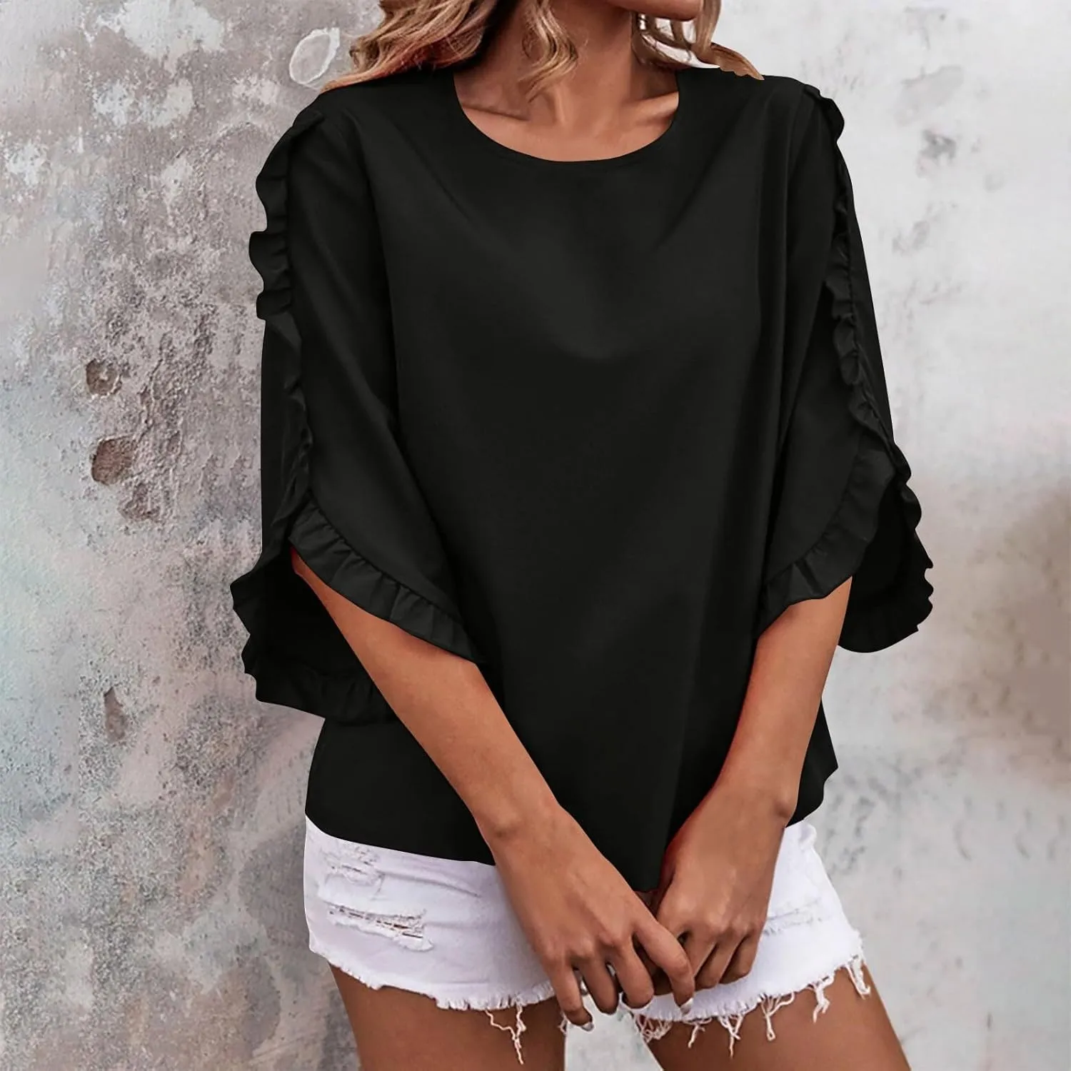 2025 Ruffle Bat Sleeve T Shirt for Women Boat Neck Tops Loose Dressy Casual Shirts Spring Summer Blouses Tees