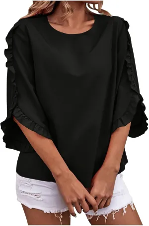 2025 Ruffle Bat Sleeve T Shirt for Women Boat Neck Tops Loose Dressy Casual Shirts Spring Summer Blouses Tees