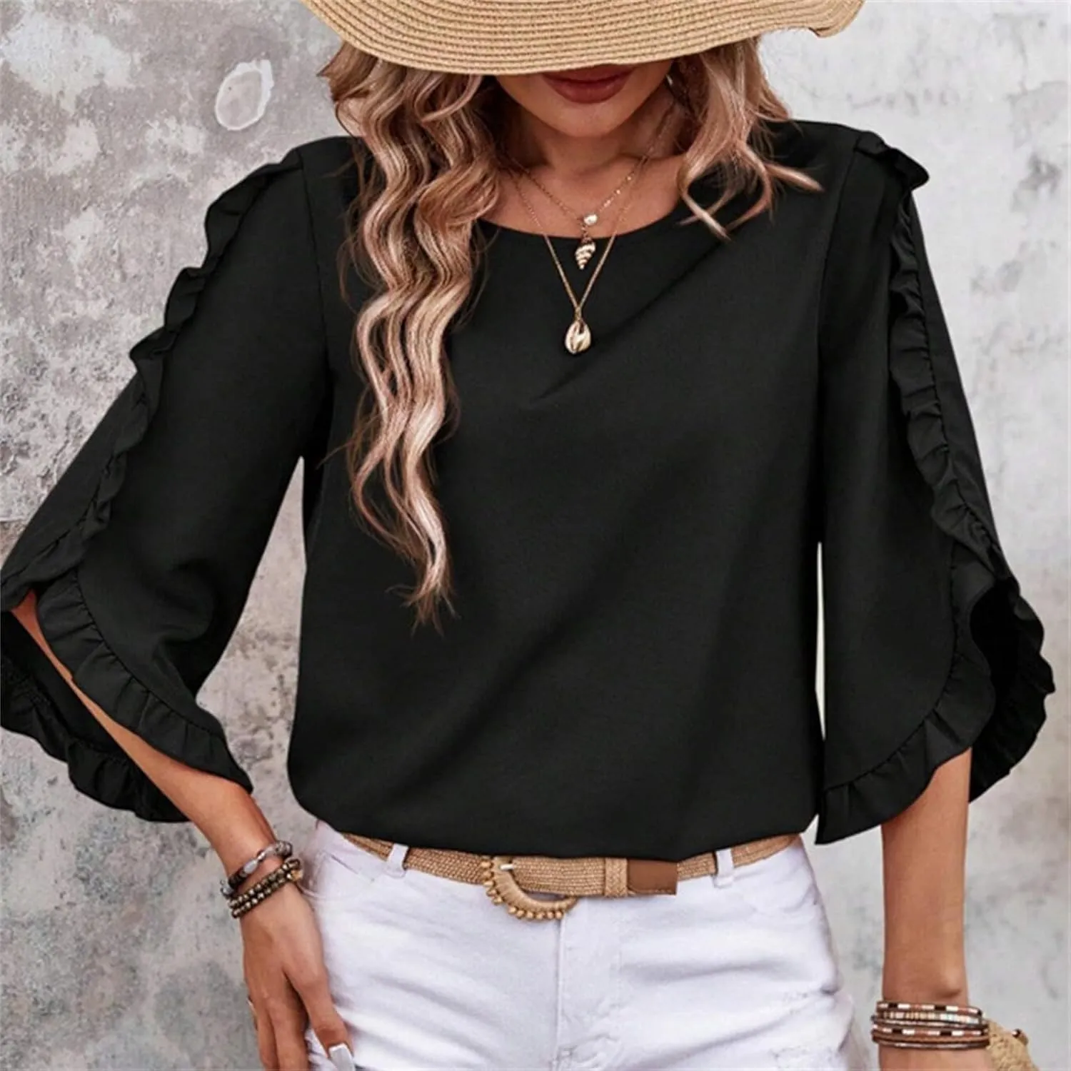 2025 Ruffle Bat Sleeve T Shirt for Women Boat Neck Tops Loose Dressy Casual Shirts Spring Summer Blouses Tees