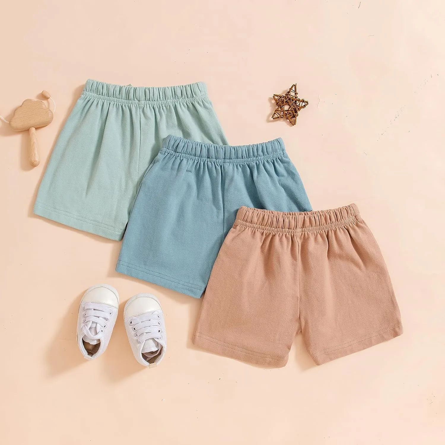 3 Pack Baby Boy Shorts Solid Cotton Short with Drawstring Casual Summer Bottoms Pants