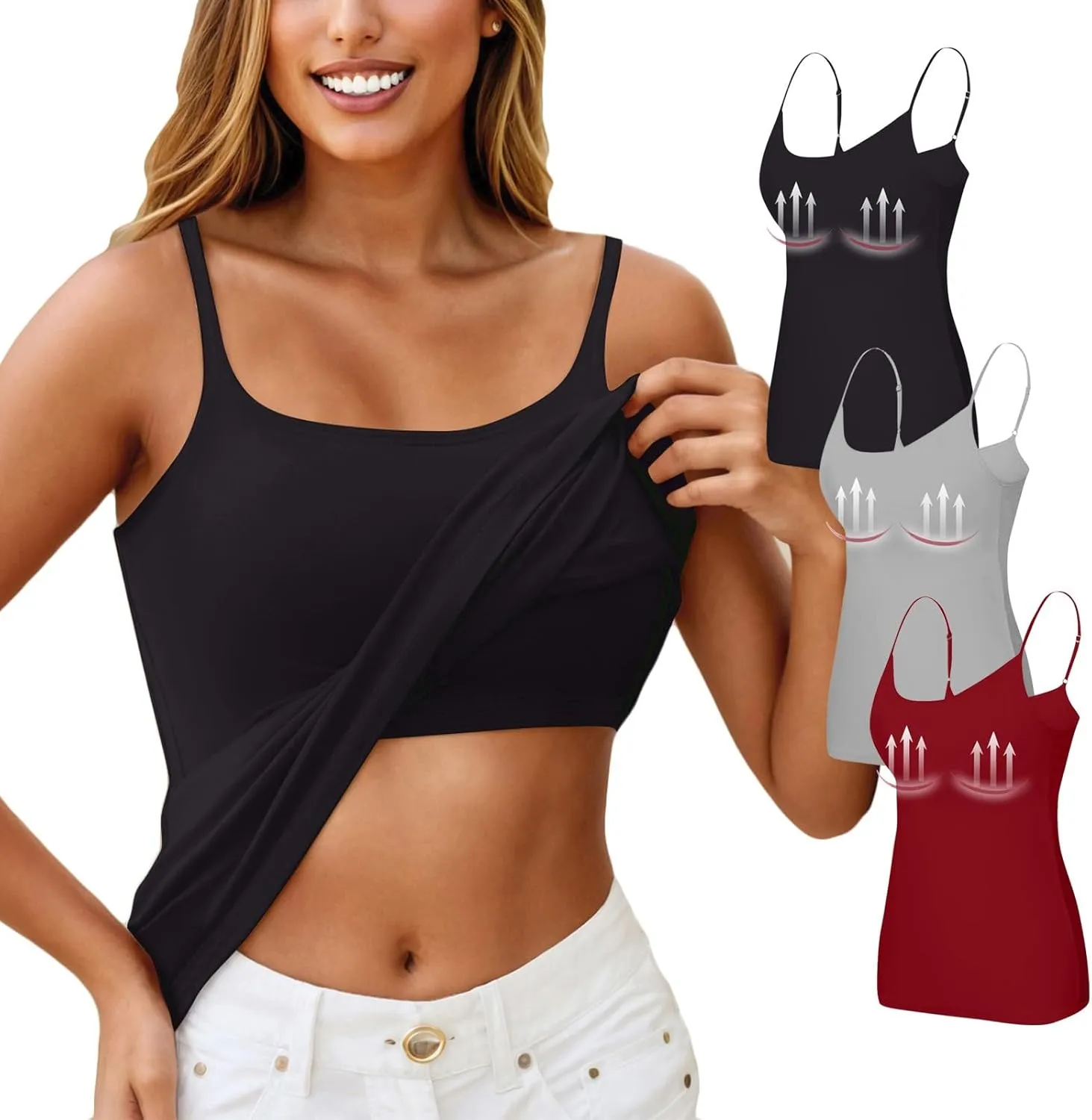 3 Pack Womens Tank Tops with Built in Bra Adjustable Spaghetti Strap Camisole Tanks Basic Padded Shelf Bra Tank Tops