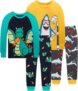 4 Pieces Boys Pajamas Toddler Boys Long Sleeve Cotton Pjs Kids Sleepwear Sets 24Months-12Years