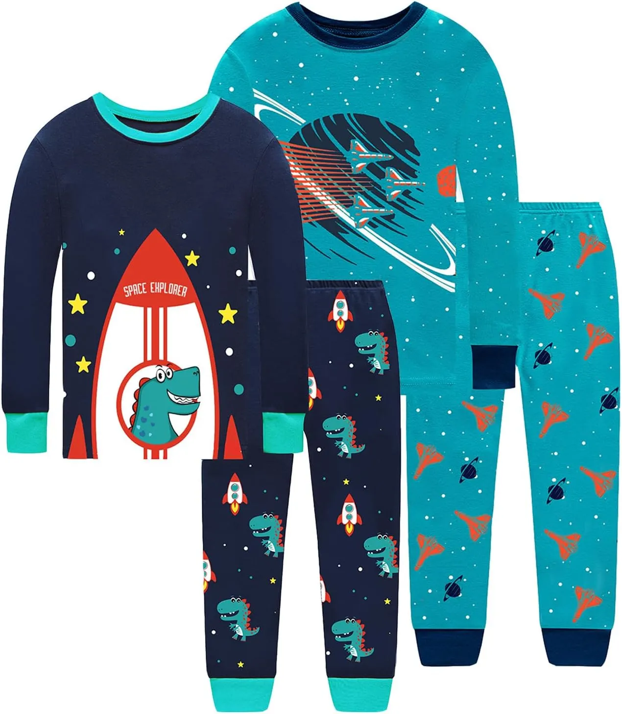 4 Pieces Boys Pajamas Toddler Boys Long Sleeve Cotton Pjs Kids Sleepwear Sets 24Months-12Years