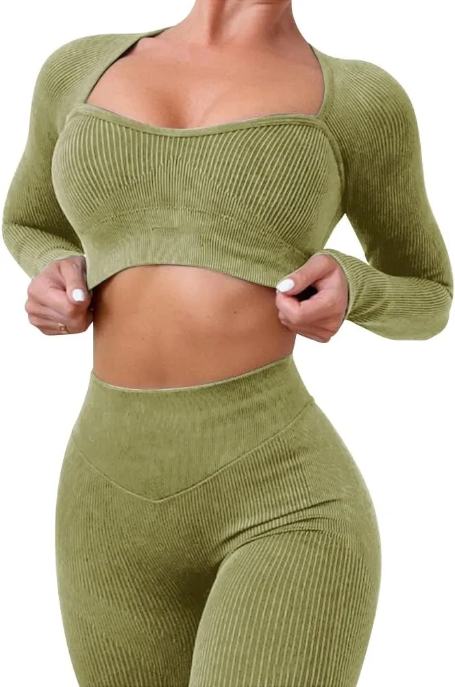 ABOCIW Workout Sets for Women Seamless Ribbed Sweetheart Neck Long Sleeve Crop Top Scrunch Butt High Wasit Legging Sets