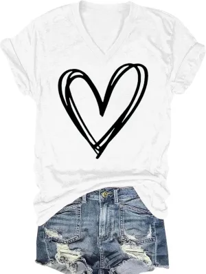 Abstract Heart Sketch V Neck Short Sleeve T Shirt for Women Casual Love Graphic Tee Valentines Shirts for Women
