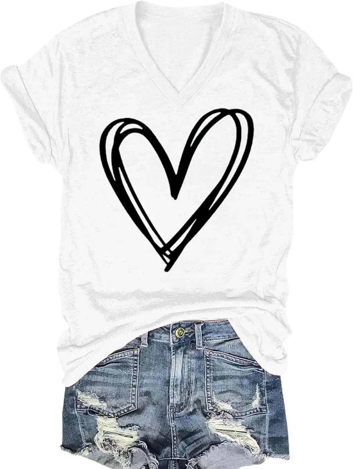 Abstract Heart Sketch V Neck Short Sleeve T Shirt for Women Casual Love Graphic Tee Valentines Shirts for Women