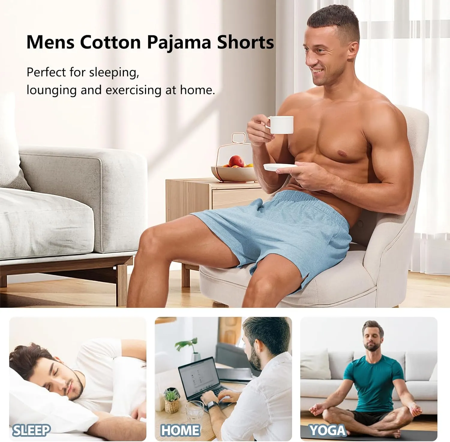 AMY COULEE Mens Lounge Shorts 4 inch Pajama Lightweight Cotton Sleep Bottoms with Pockets