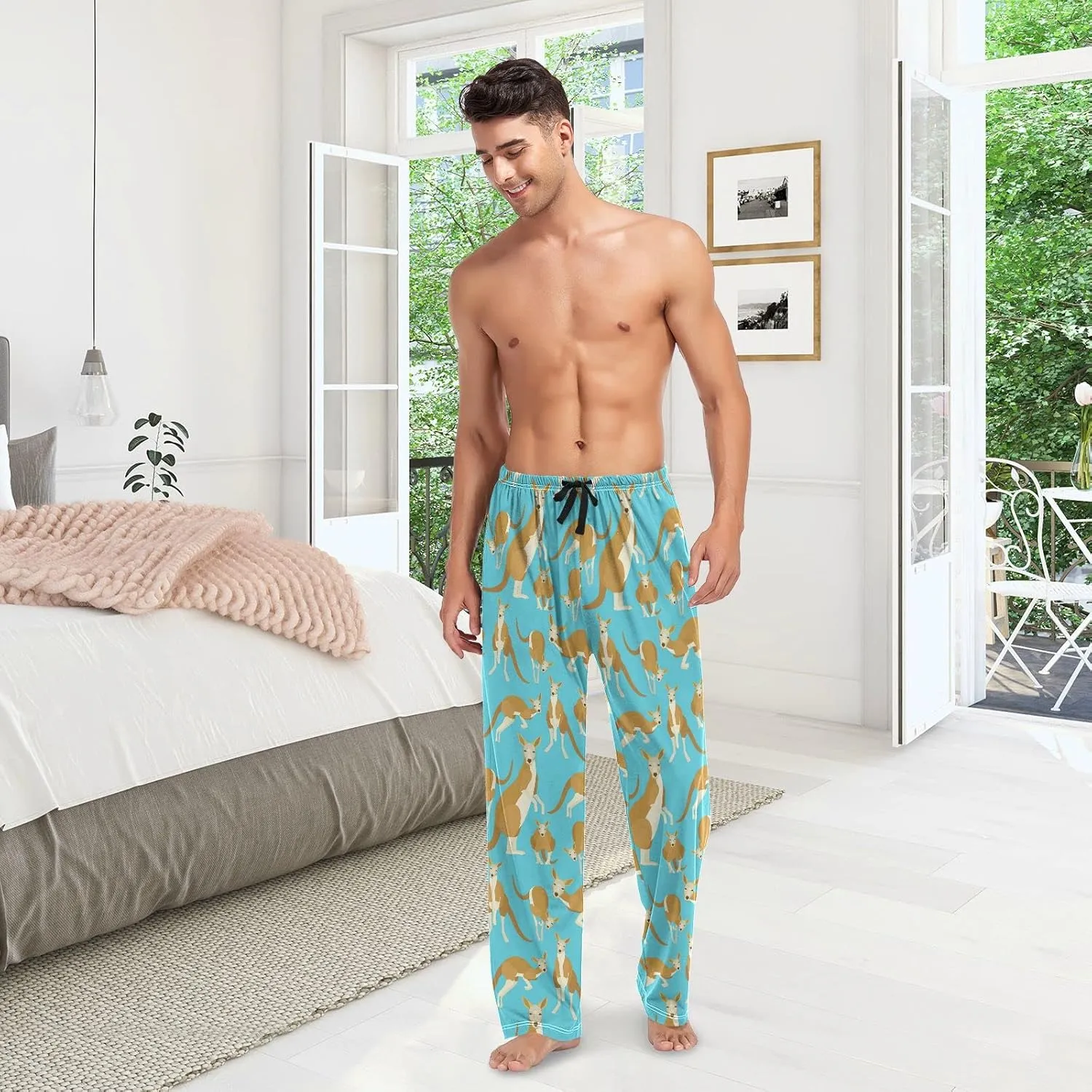 Animal Kangaroo Pattern On Blue Men's Pajama Pants Sleepwear Lounge Pajama Bottoms