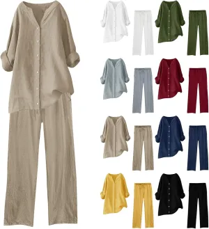 Aniywn Plus Size Wide Leg Lounge Sets Women 2 Piece Outfits Womens Cotton Linen Outfits Button Long Sleeve Tops Pants Sets