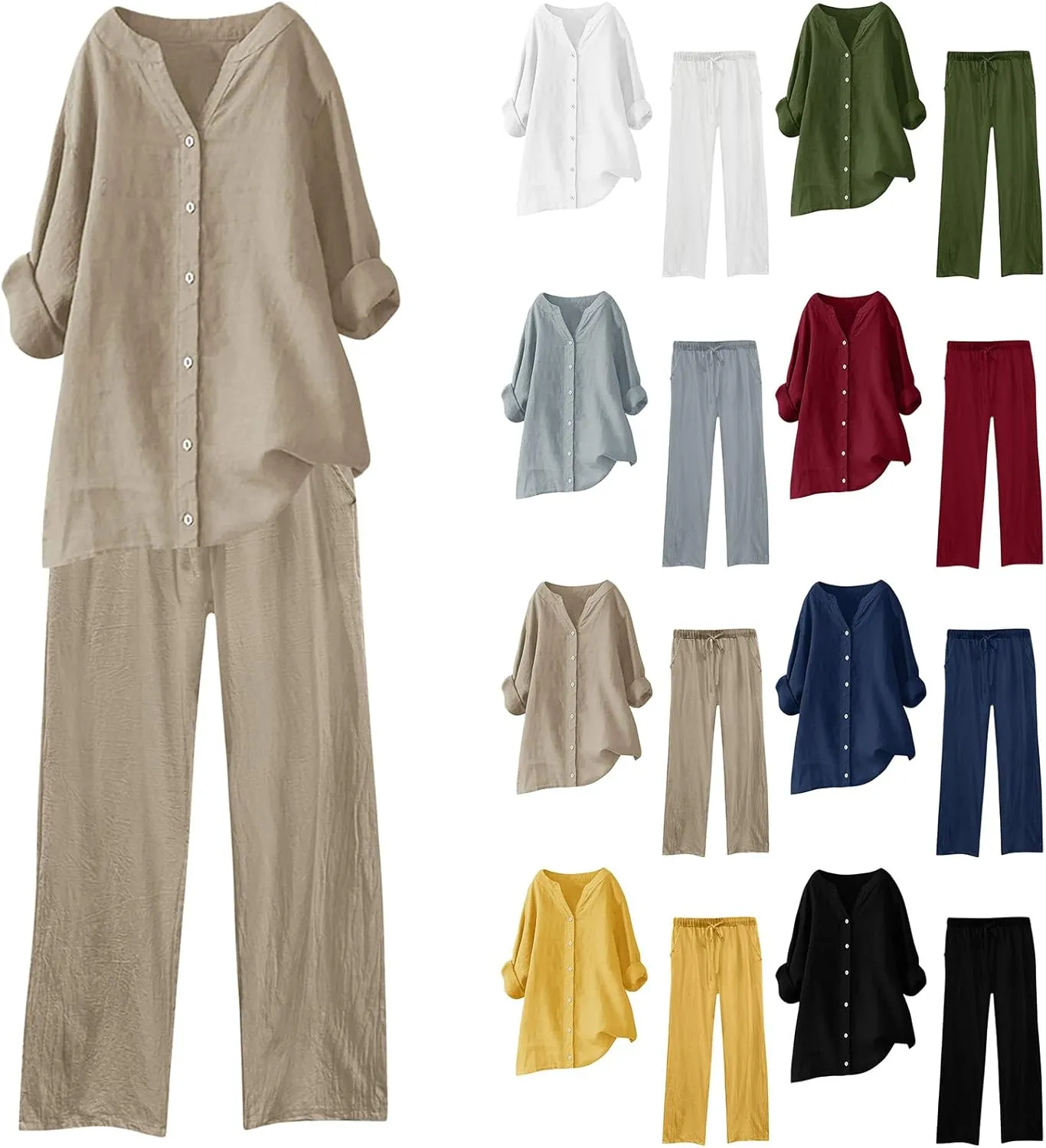 Aniywn Plus Size Wide Leg Lounge Sets Women 2 Piece Outfits Womens Cotton Linen Outfits Button Long Sleeve Tops Pants Sets