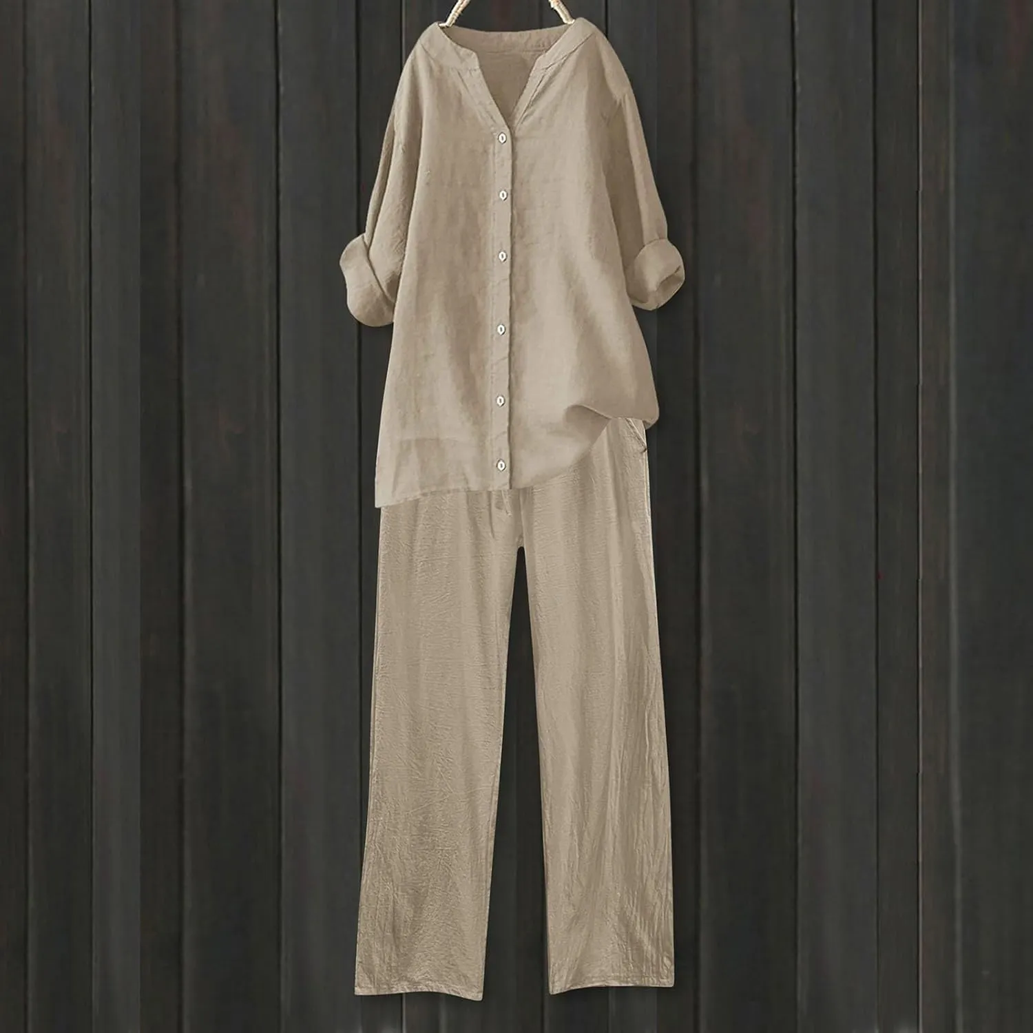 Aniywn Plus Size Wide Leg Lounge Sets Women 2 Piece Outfits Womens Cotton Linen Outfits Button Long Sleeve Tops Pants Sets