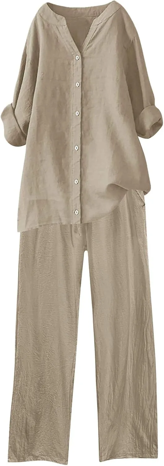 Aniywn Plus Size Wide Leg Lounge Sets Women 2 Piece Outfits Womens Cotton Linen Outfits Button Long Sleeve Tops Pants Sets