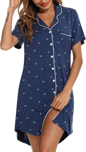 Anjue Pajama Nightgowns for Women Button Down Pajamas Tops Short/Long Sleeve Sleepwear Sleep Shirts Nightdress S-XXL
