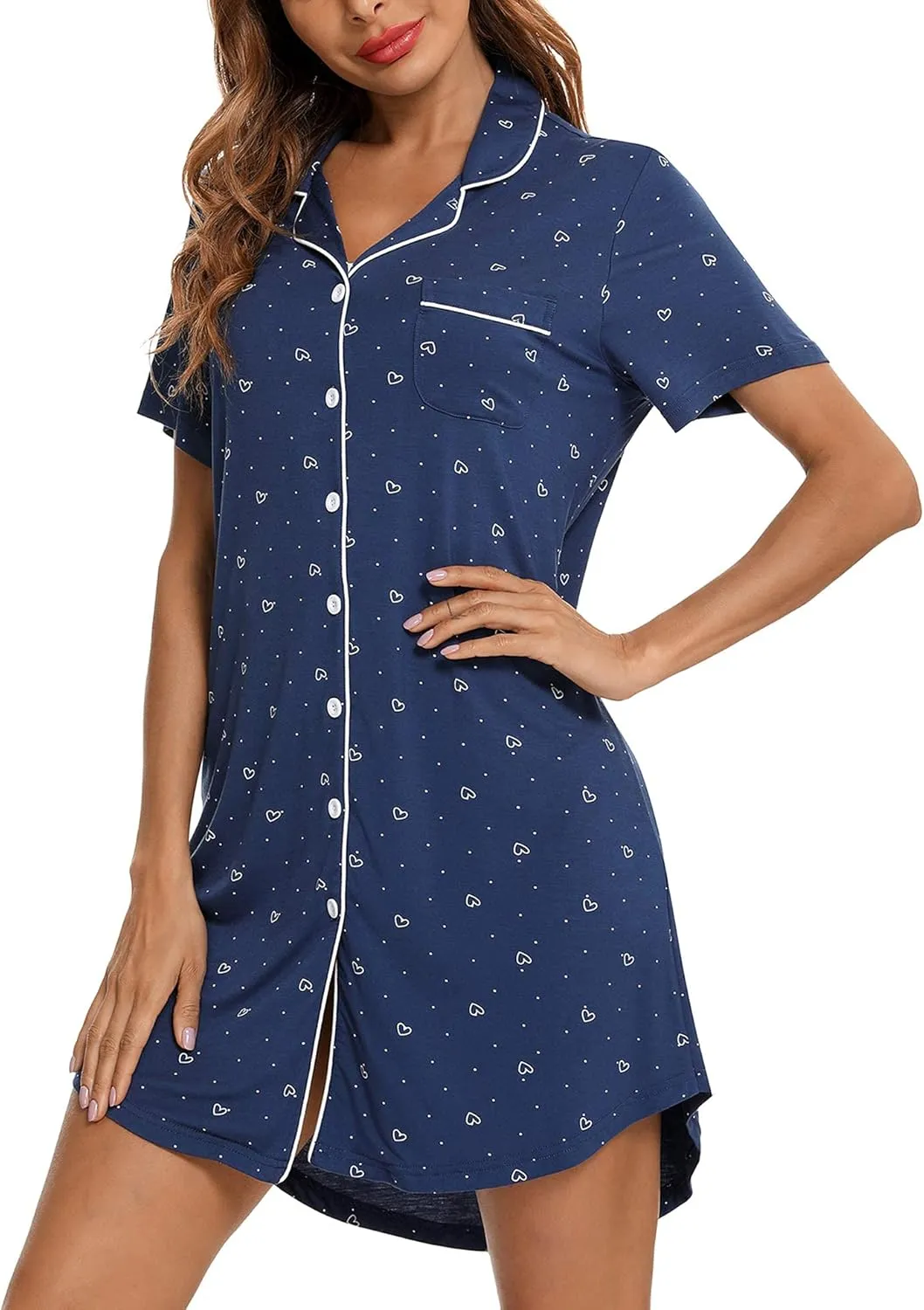 Anjue Pajama Nightgowns for Women Button Down Pajamas Tops Short/Long Sleeve Sleepwear Sleep Shirts Nightdress S-XXL