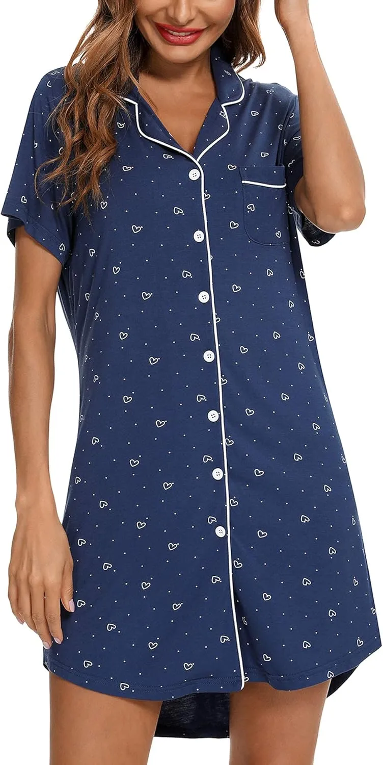 Anjue Pajama Nightgowns for Women Button Down Pajamas Tops Short/Long Sleeve Sleepwear Sleep Shirts Nightdress S-XXL
