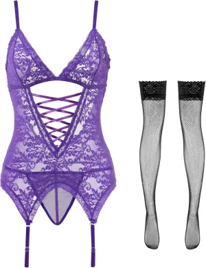 Anyou Lingerie for women, Womens Lingerie Stretchy Lace Teddy Plus Size lingerie with Stockings Size S-XXXXL