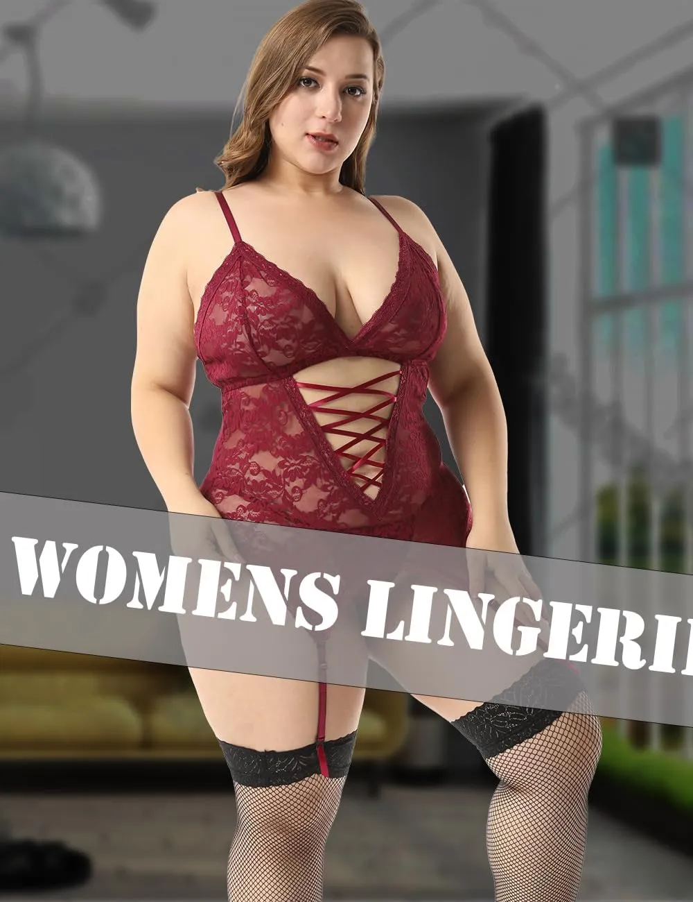 Anyou Lingerie for women, Womens Lingerie Stretchy Lace Teddy Plus Size lingerie with Stockings Size S-XXXXL