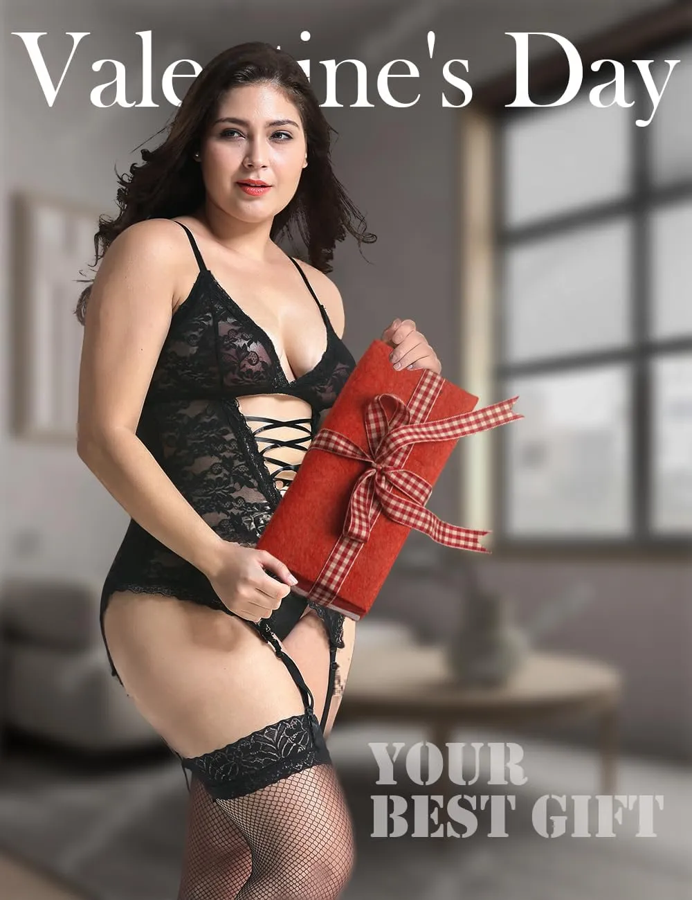 Anyou Lingerie for women, Womens Lingerie Stretchy Lace Teddy Plus Size lingerie with Stockings Size S-XXXXL