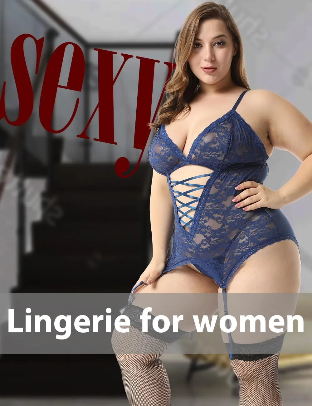Anyou Lingerie for women, Womens Lingerie Stretchy Lace Teddy Plus Size lingerie with Stockings Size S-XXXXL