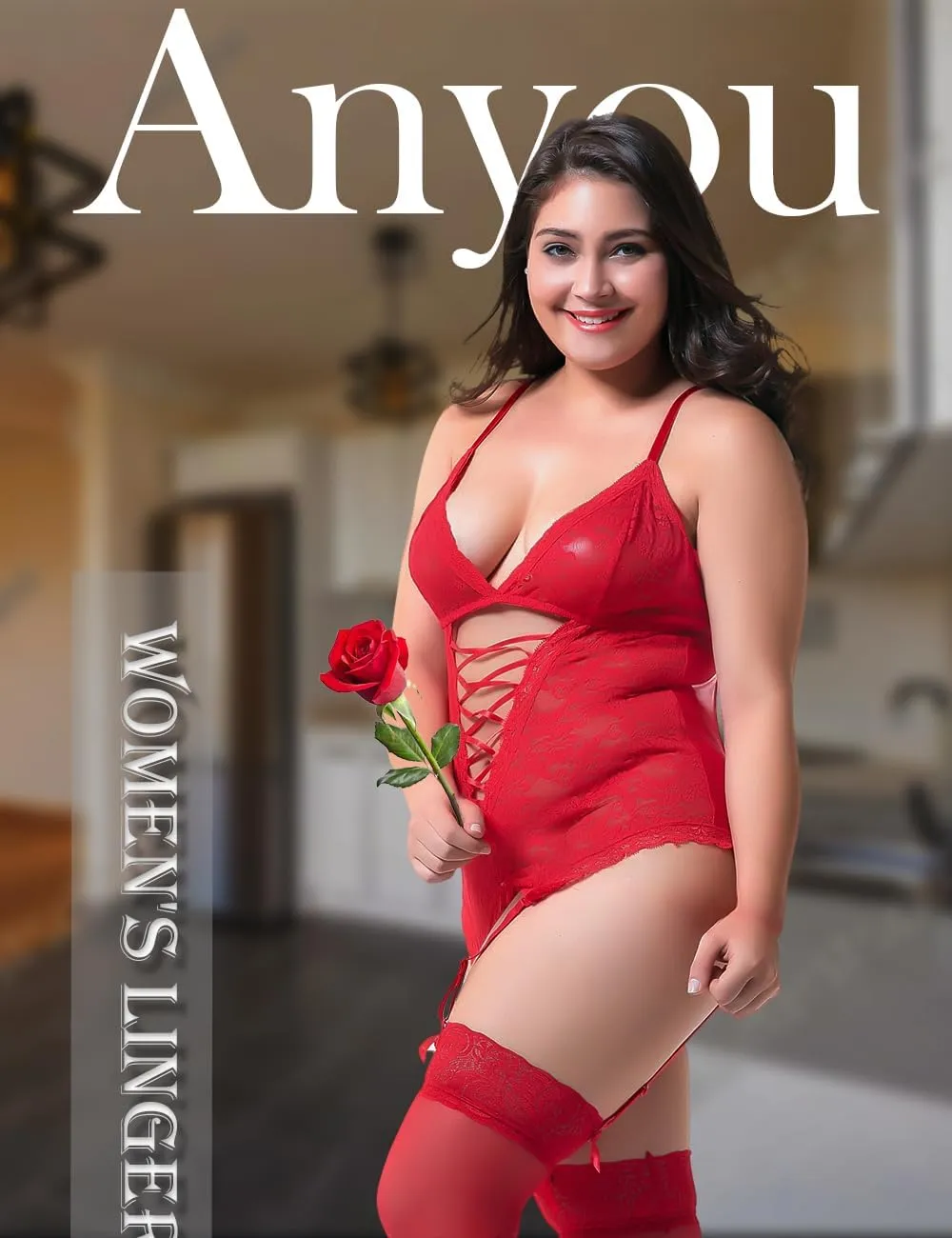 Anyou Lingerie for women, Womens Lingerie Stretchy Lace Teddy Plus Size lingerie with Stockings Size S-XXXXL