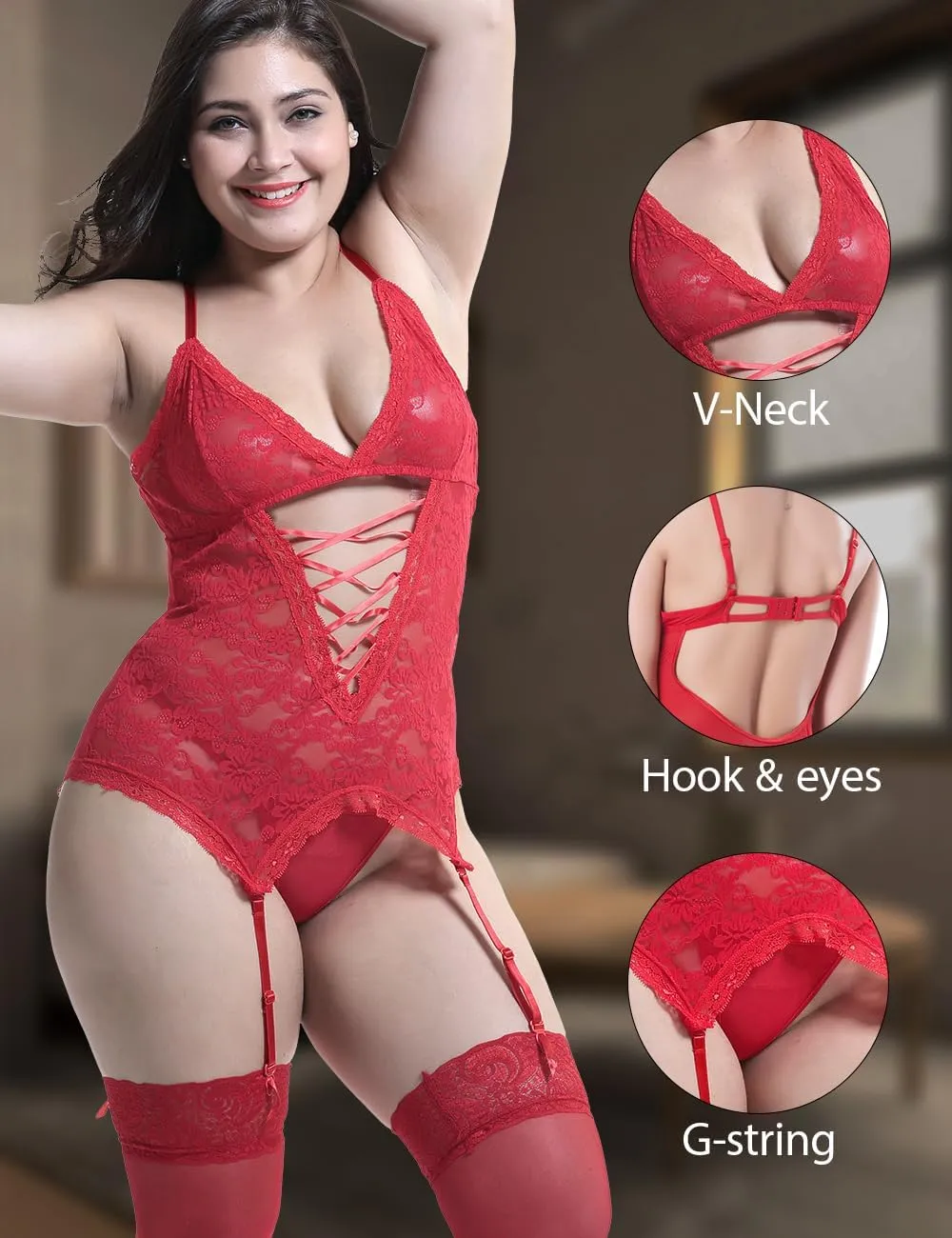 Anyou Lingerie for women, Womens Lingerie Stretchy Lace Teddy Plus Size lingerie with Stockings Size S-XXXXL