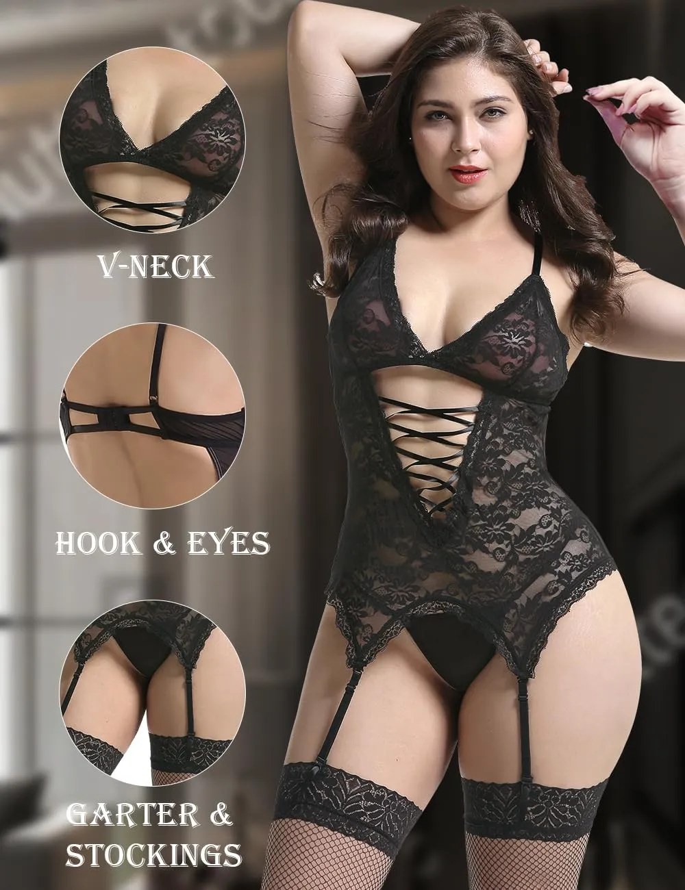 Anyou Lingerie for women, Womens Lingerie Stretchy Lace Teddy Plus Size lingerie with Stockings Size S-XXXXL