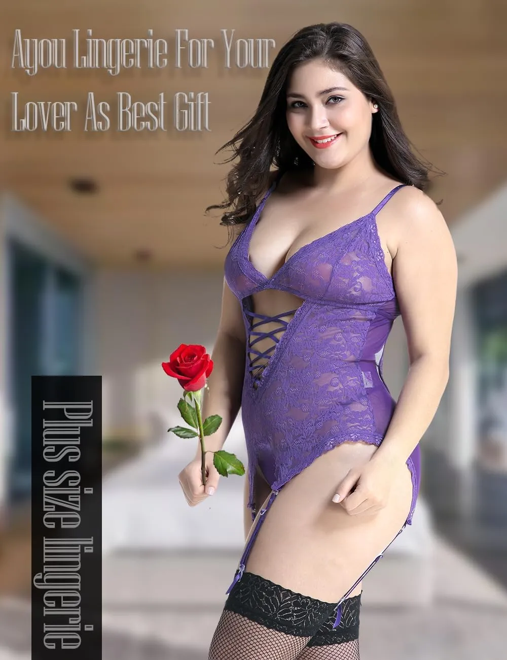 Anyou Lingerie for women, Womens Lingerie Stretchy Lace Teddy Plus Size lingerie with Stockings Size S-XXXXL