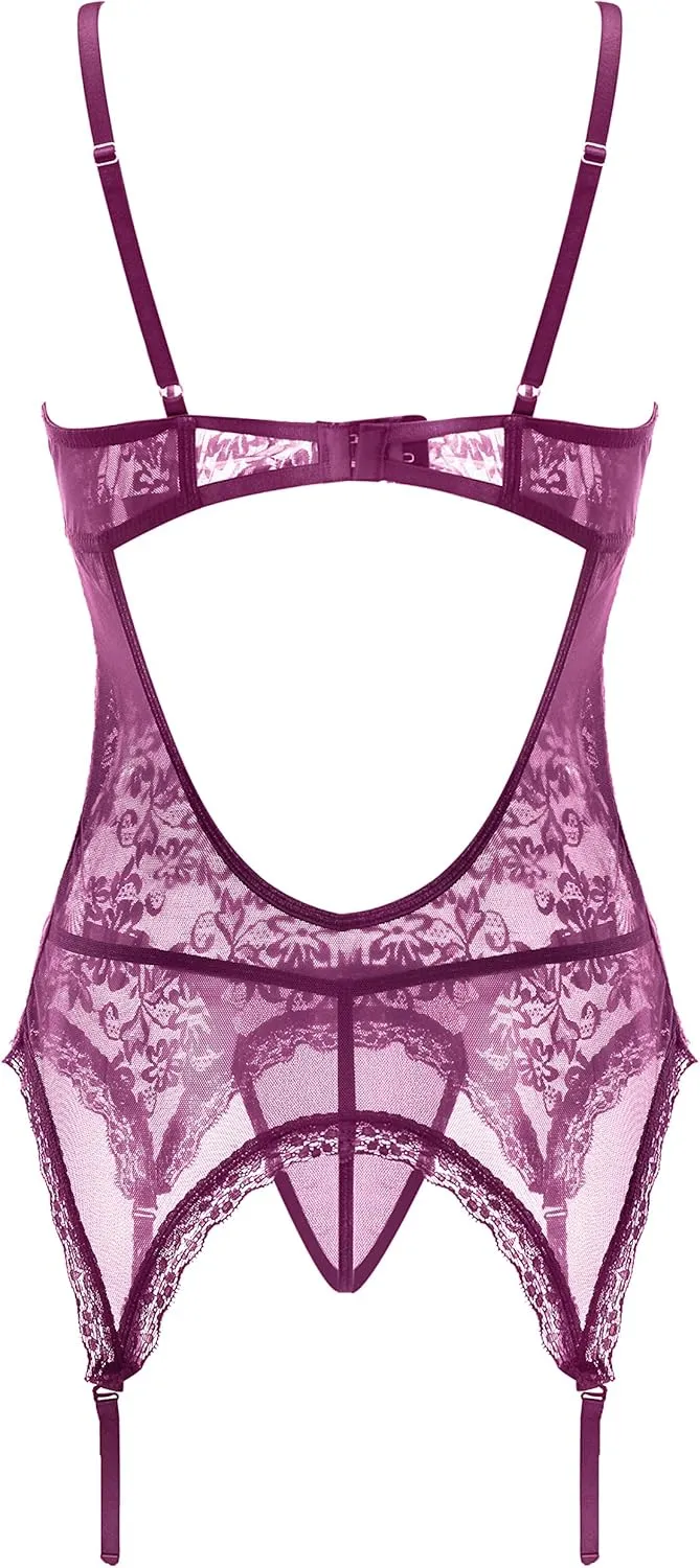 Anyou Lingerie for women, Womens Lingerie Stretchy Lace Teddy Plus Size lingerie with Stockings Size S-XXXXL