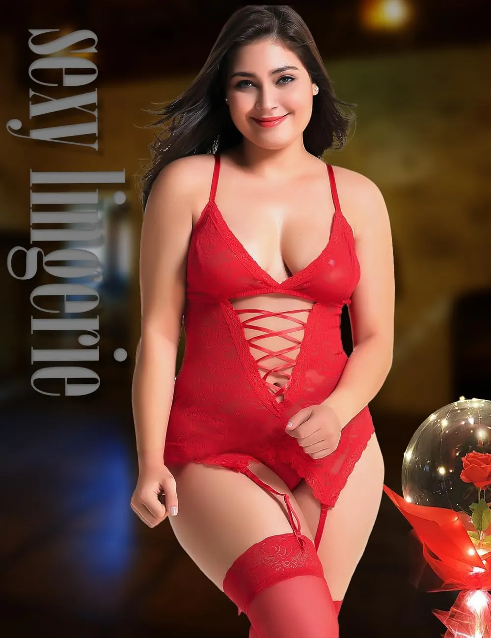 Anyou Lingerie for women, Womens Lingerie Stretchy Lace Teddy Plus Size lingerie with Stockings Size S-XXXXL