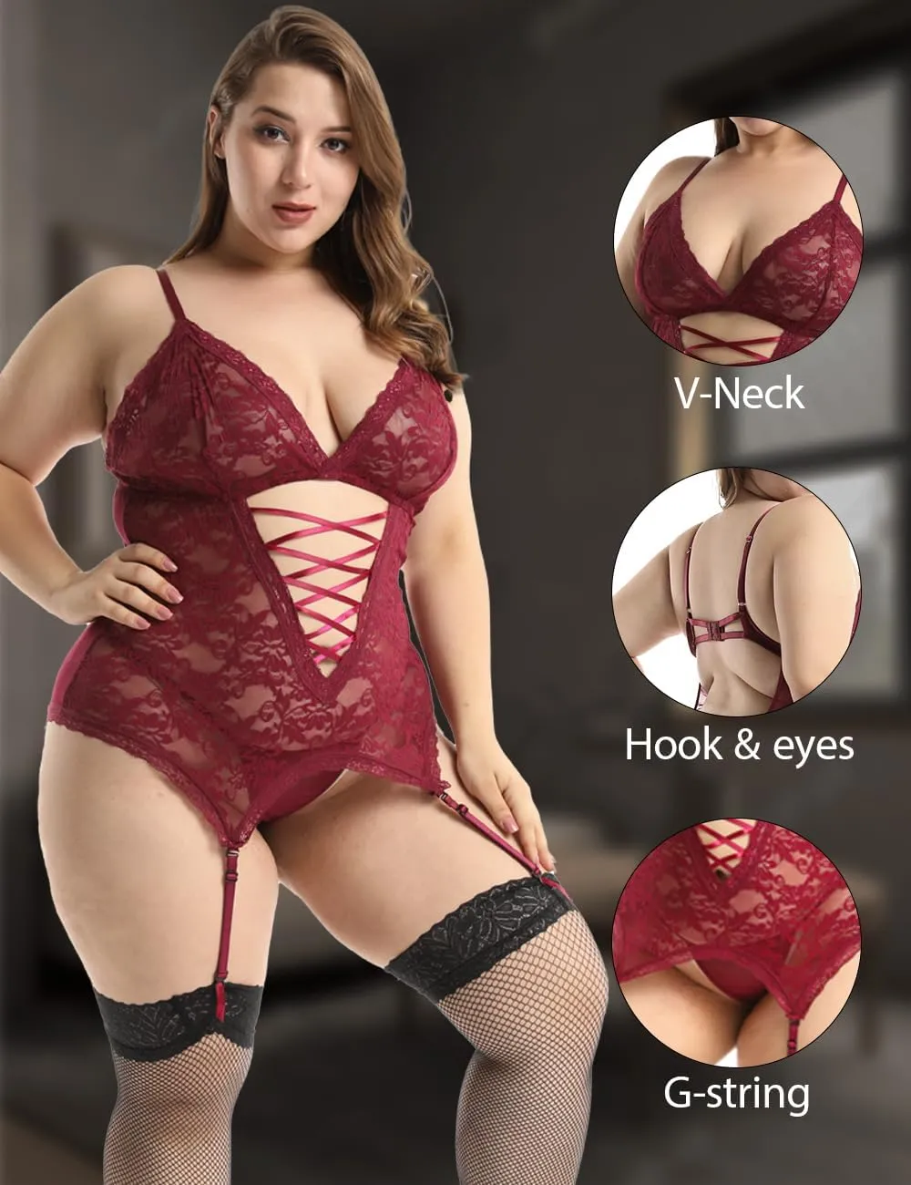 Anyou Lingerie for women, Womens Lingerie Stretchy Lace Teddy Plus Size lingerie with Stockings Size S-XXXXL