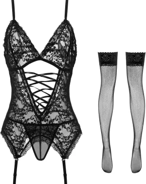 Anyou Lingerie for women, Womens Lingerie Stretchy Lace Teddy Plus Size lingerie with Stockings Size S-XXXXL