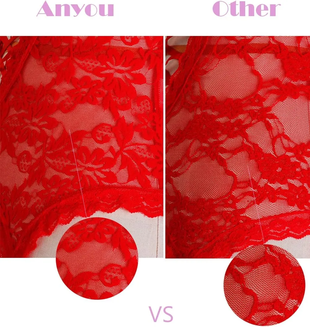 Anyou Lingerie for women, Womens Lingerie Stretchy Lace Teddy Plus Size lingerie with Stockings Size S-XXXXL
