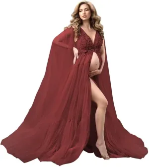 Appliques Tulle Maternity Dress for Photoshoot V Neck Puffy Ruffles Baby Shower Dress Bridal Lingerie Bathgown