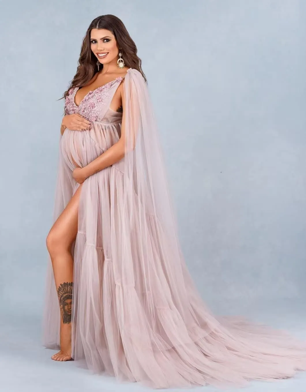Appliques Tulle Maternity Dress for Photoshoot V Neck Puffy Ruffles Baby Shower Dress Bridal Lingerie Bathgown