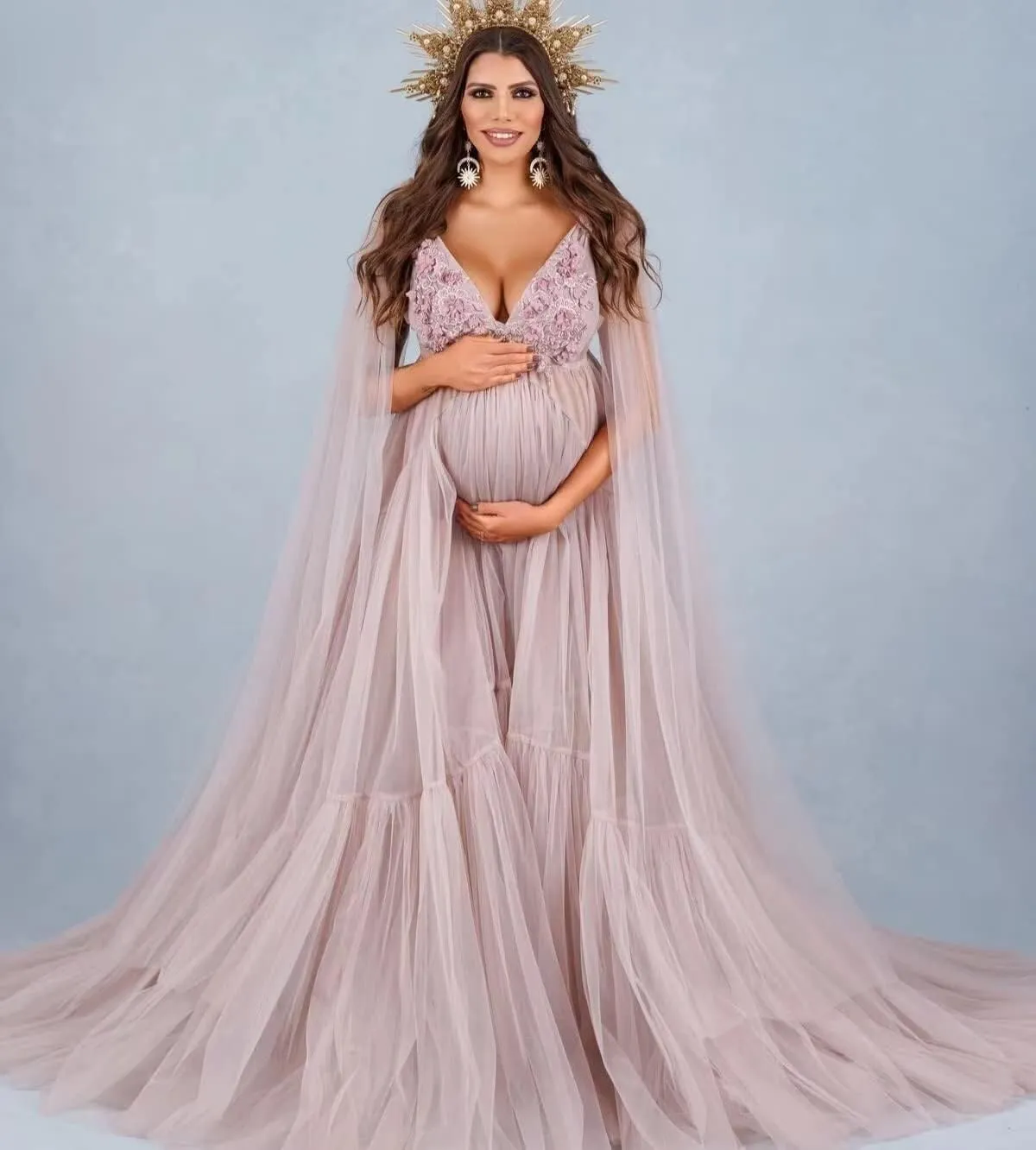 Appliques Tulle Maternity Dress for Photoshoot V Neck Puffy Ruffles Baby Shower Dress Bridal Lingerie Bathgown