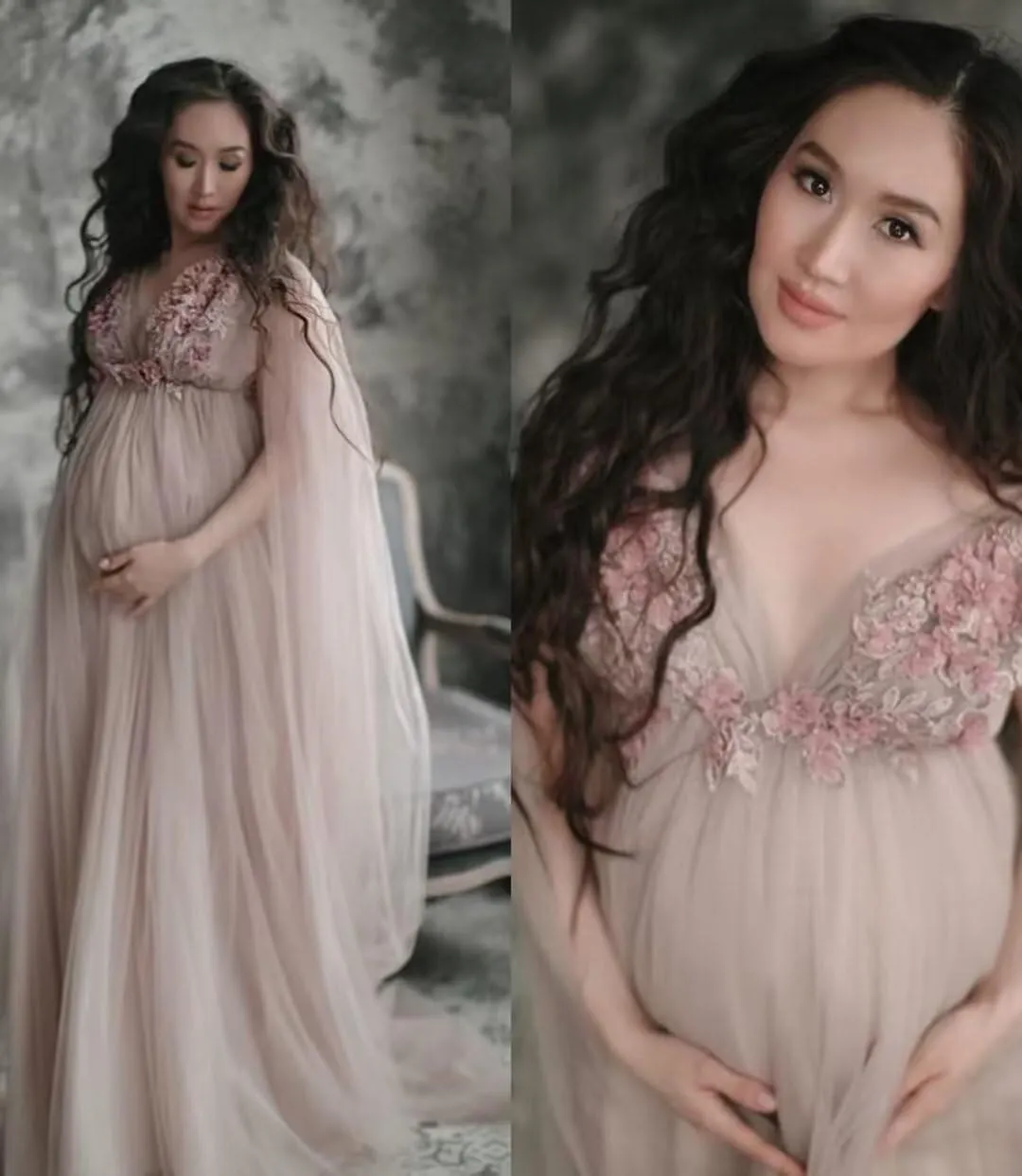 Appliques Tulle Maternity Dress for Photoshoot V Neck Puffy Ruffles Baby Shower Dress Bridal Lingerie Bathgown
