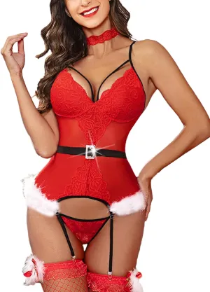 Avidlove Christmas Lingerie for Women Lace Bodysuit Lingerie Set Teddy Sexy Corset Lingerie Strappy Underwire Push Up Bra