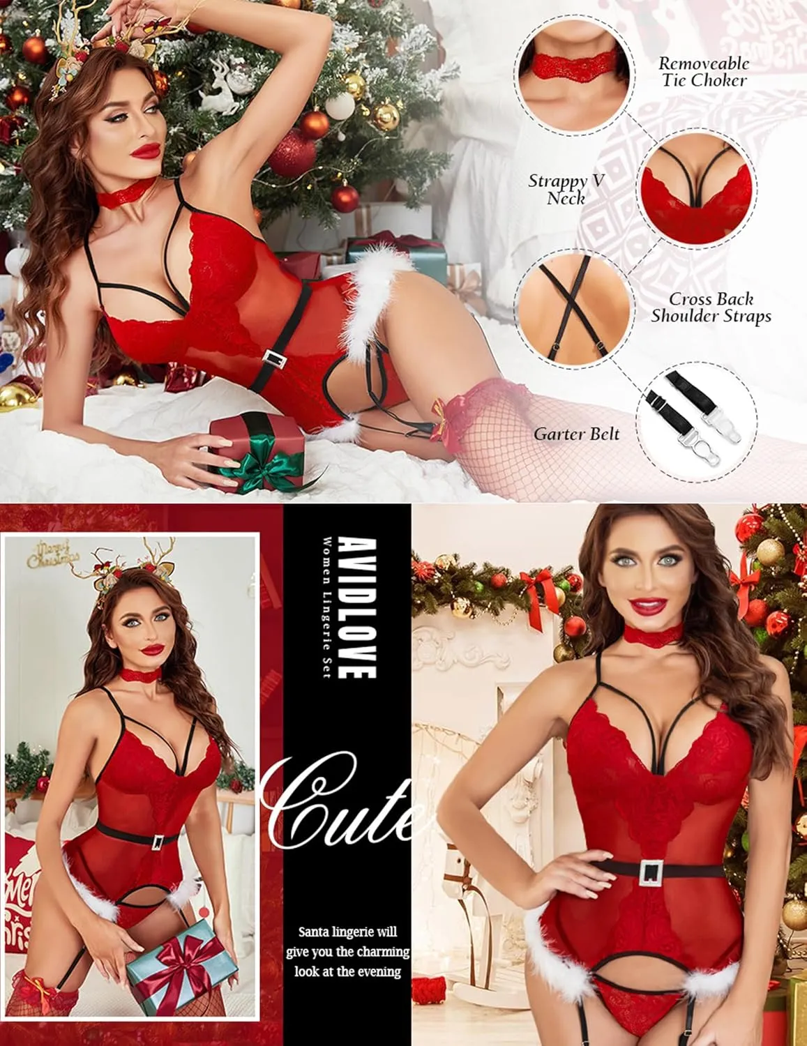 Avidlove Christmas Lingerie for Women Lace Bodysuit Lingerie Set Teddy Sexy Corset Lingerie Strappy Underwire Push Up Bra