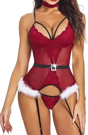 Avidlove Christmas Lingerie for Women Lace Bodysuit Lingerie Set Teddy Sexy Corset Lingerie Strappy Underwire Push Up Bra
