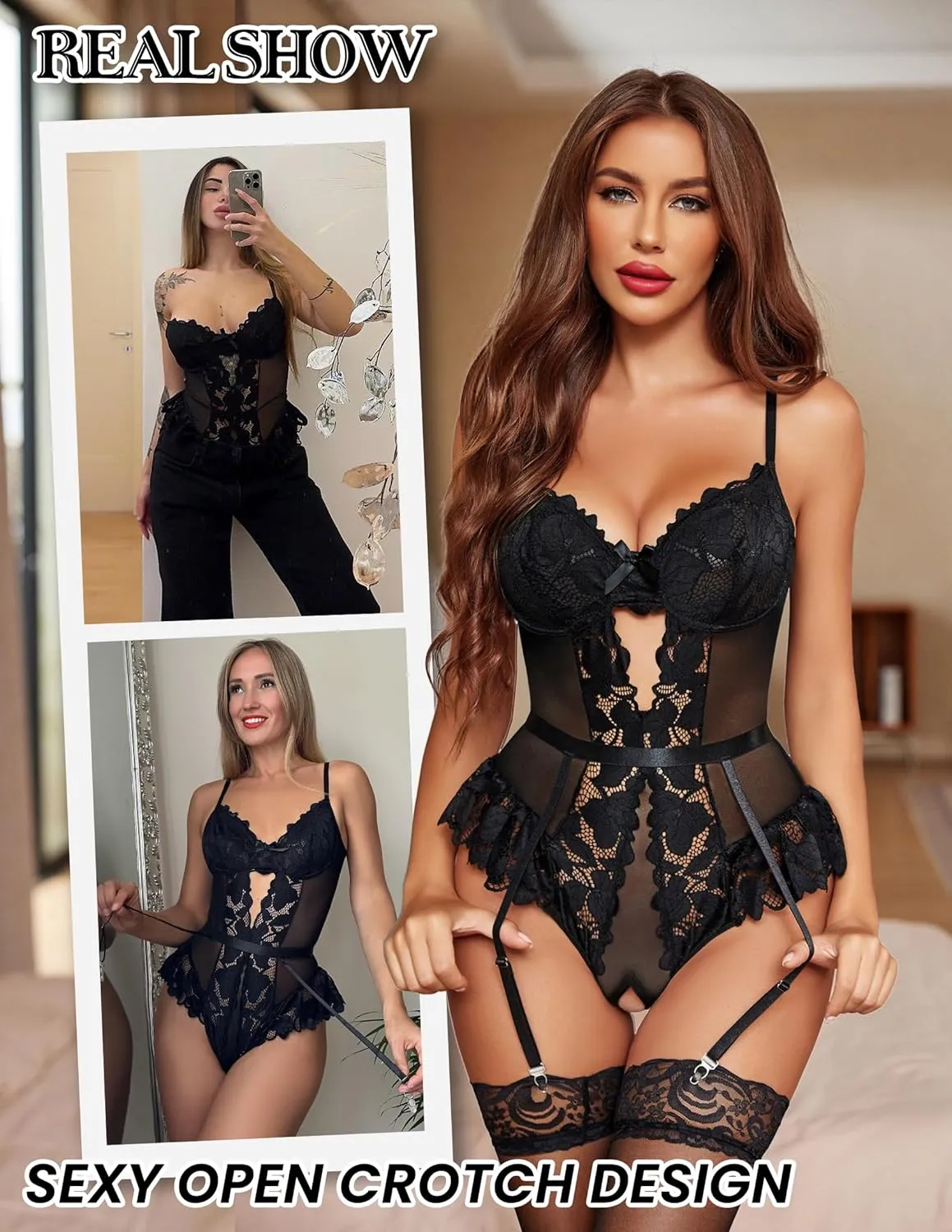 Avidlove Lace Bodysuit Lingerie for Women Sexy Garter Lingerie Set Teddy Lingerie