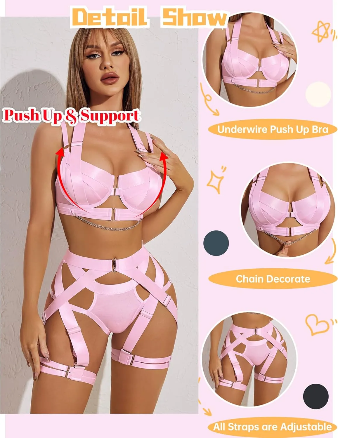 Avidlove Lingerie Set for Women Sexy Strappy Lingerie Underwire Push Up Bra Garter Set Lingerie with Chain