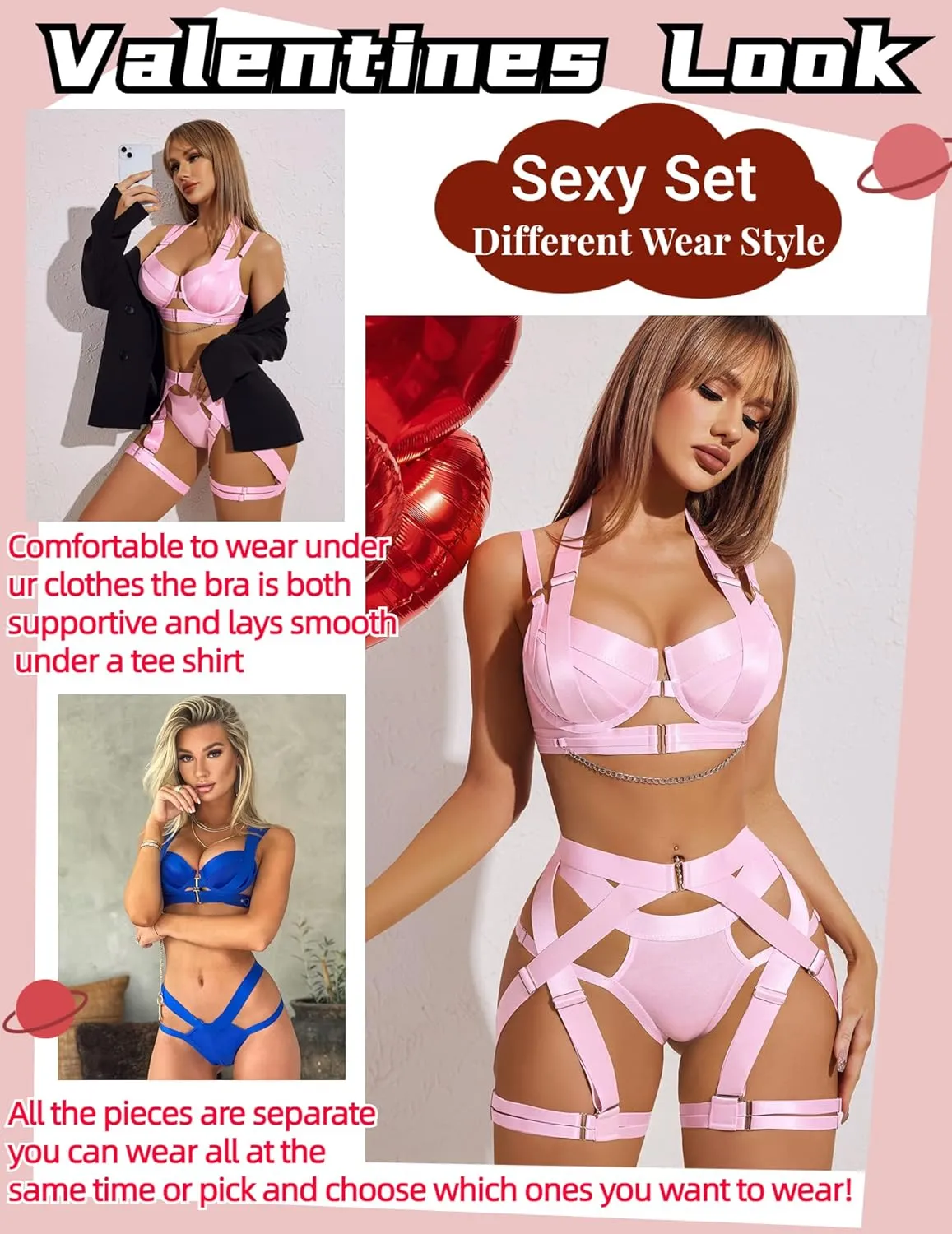 Avidlove Lingerie Set for Women Sexy Strappy Lingerie Underwire Push Up Bra Garter Set Lingerie with Chain