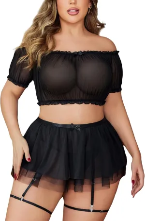 Avidlove Plus Size Garter Lingerie Set Mesh Ruffle Cosplay Lingerie with Mini Skirt 3 Piece Lingerie Set